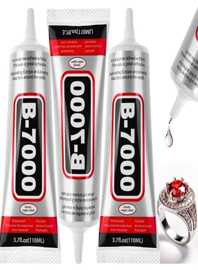 Jollidecor 3 PCS 110ML B-7000 Clear Glue for Rhinestones, DIY B7000 Adhesive Crafts Glue Multipurpose Super Adhesive Industrial Bonding Glue for Fabric Gem Stone Bead Metal Jewelry Making Nail Art